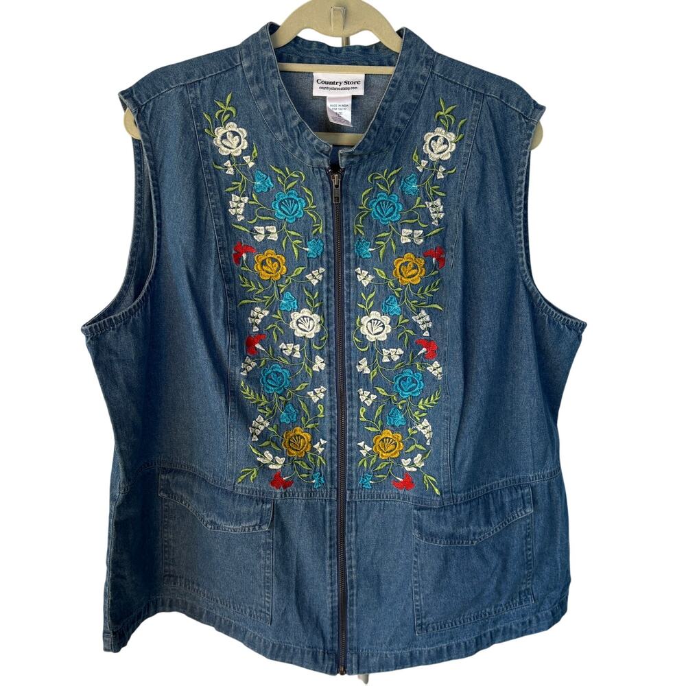 Vtg Denim Embroidered Floral Jean Vest Full Zip Western Coastal Cowgirl Size 1X